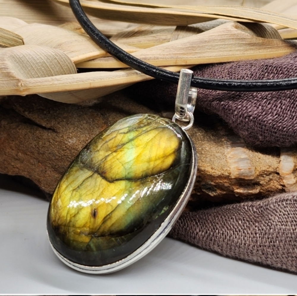 Genuine Labradorite Stone White Rhodium/925 Silver Large Pendant Boho Jewelry